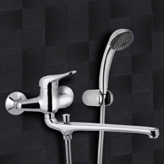 Tub Filler Chrome Wall Mount Tub Faucet with Long Swivel Spout and Hand Shower Remer K49